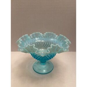 Fenton Blue Opalescent Hobnail Glass Ruffled Compote Pedestal Candy Dish 8"